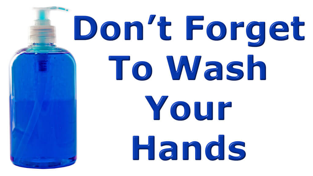 Don't forget to wash your hands message with a liquid soap dispenser on an isolated white background